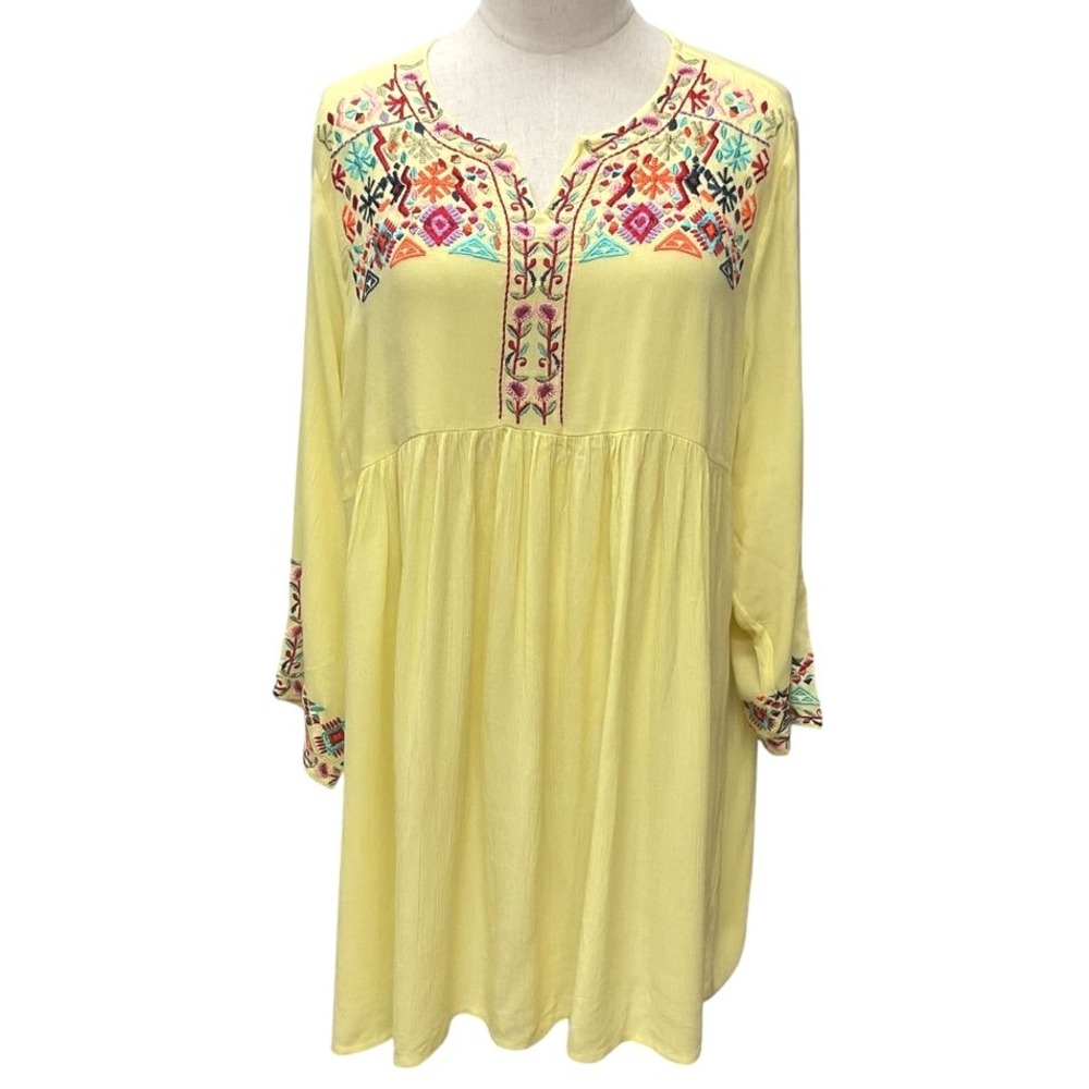 Parsley & Sage Embroidered Bell Sleeve Peasant Dress Sz L Yellow Floral Folk Art